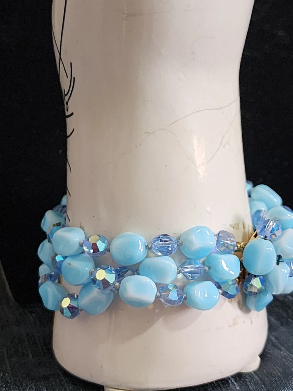 Vintage Signed VOGUE Blue Glass Bead Cluster Bracelet Aurora Borealis